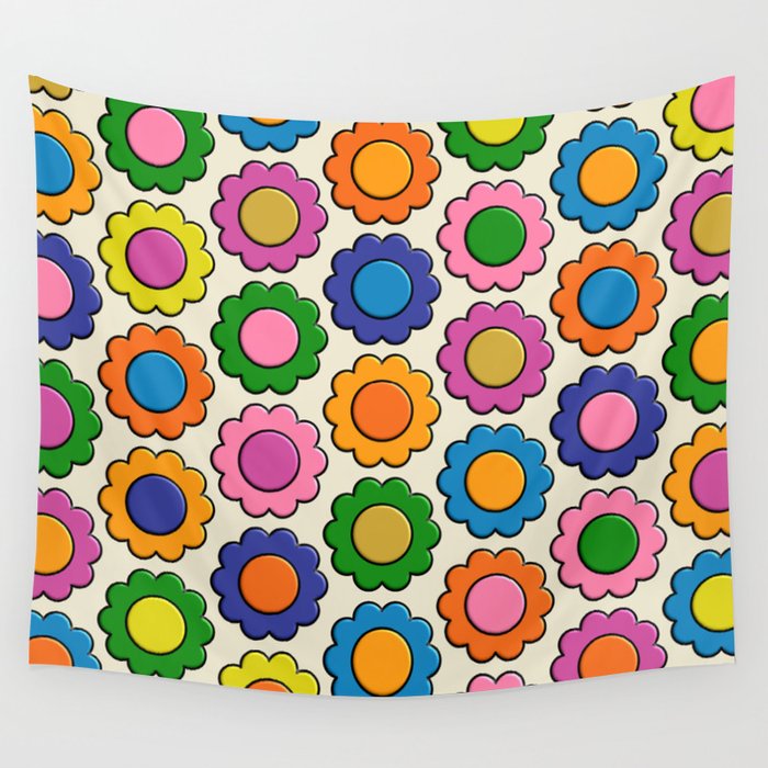 Colorful Flowers Happy Retro Plastic-Look Pattern Wall Tapestry Gallery Image 1