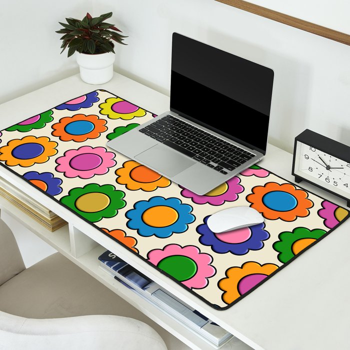 Colorful Flowers Happy Retro Plastic-Look Pattern Desk Mat Gallery Image 2