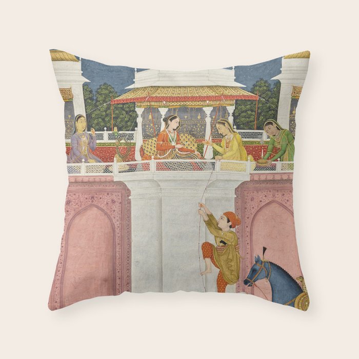 PRINCE CLIMBING TO HIS BETROTHED PROPERTY INDIA 18TH CENTURY  Throw Pillow Gallery Image 1