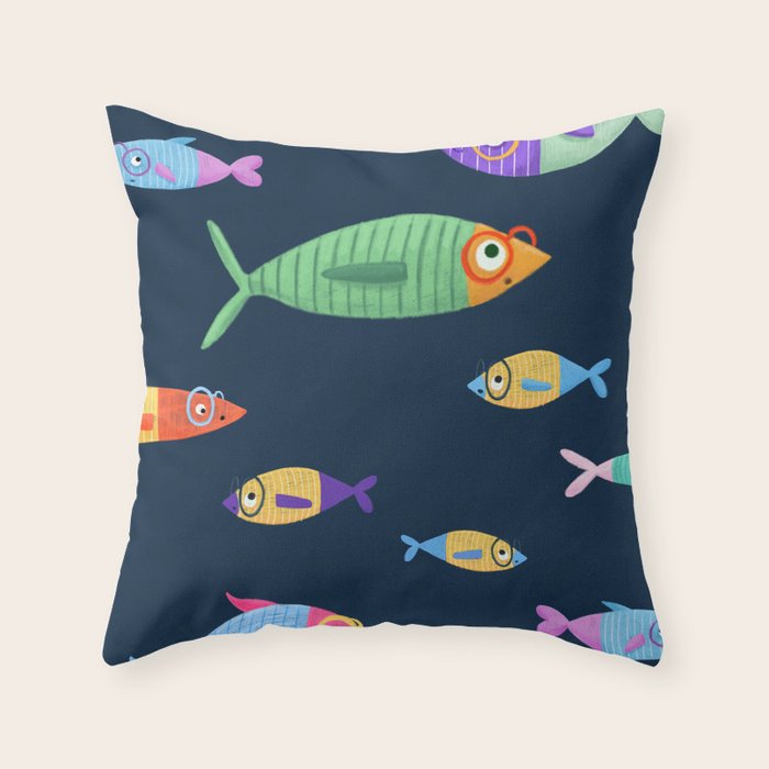 Multicolor fishes - blue Throw Pillow Gallery Image 1