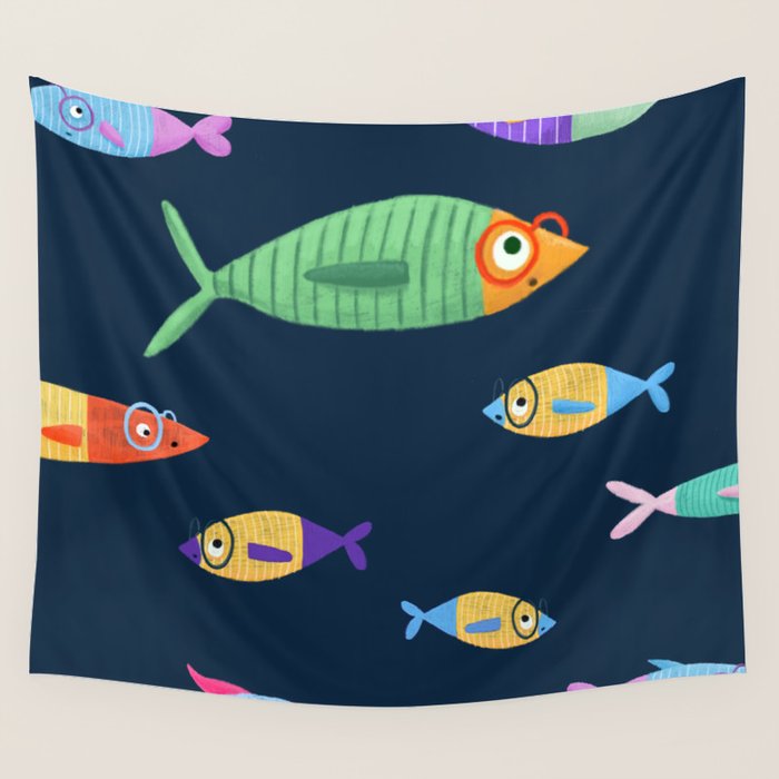 Multicolor fishes - blue Wall Tapestry Gallery Image 4