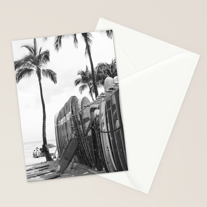 Hawaiian Surfboards - Black And White Surf Photography - Beach Photo Print - Surfboard Photograph Stationery Card Gallery Image 2