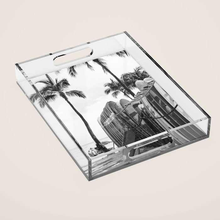 Hawaiian Surfboards - Black And White Surf Photography - Beach Photo Print - Surfboard Photograph Acrylic Tray Gallery Image 1