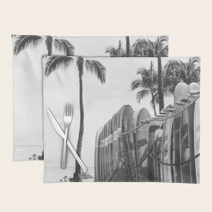 Hawaiian Surfboards - Black And White Surf Photography - Beach Photo Print - Surfboard Photograph Placemat Gallery Image 1