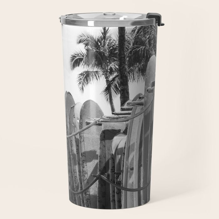 Hawaiian Surfboards - Black And White Surf Photography - Beach Photo Print - Surfboard Photograph Travel Mug Gallery Image 2