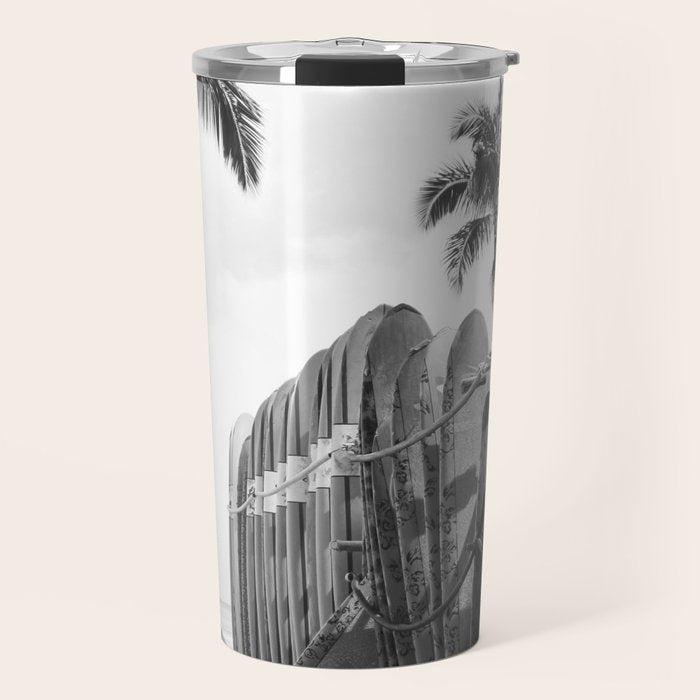 Hawaiian Surfboards - Black And White Surf Photography - Beach Photo Print - Surfboard Photograph Travel Mug Gallery Image 1