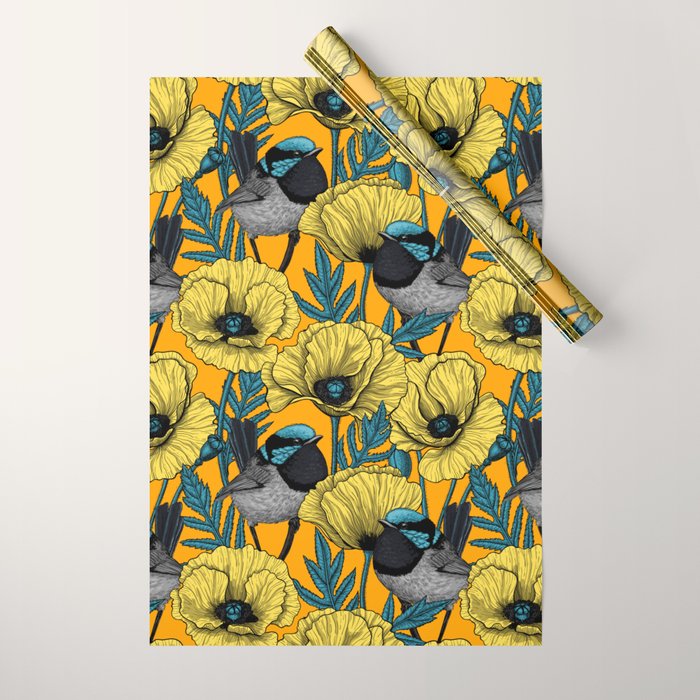 Fairy wren and poppies in yellow Wrapping Paper Gallery Image 1