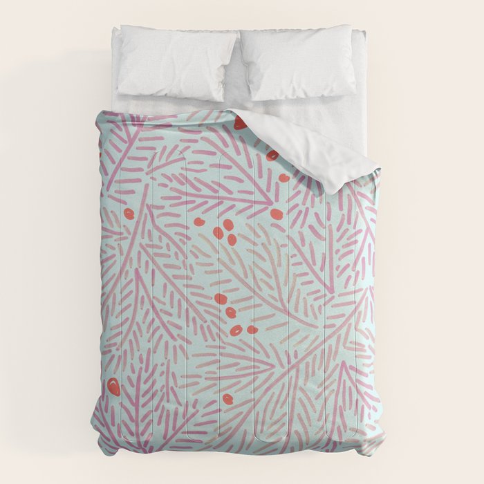 Winter Berries & Pine Branches in Teal & Pink Comforter Gallery Image 1