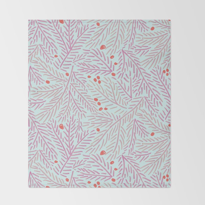 Winter Berries & Pine Branches in Teal & Pink Throw Blanket Gallery Image 2