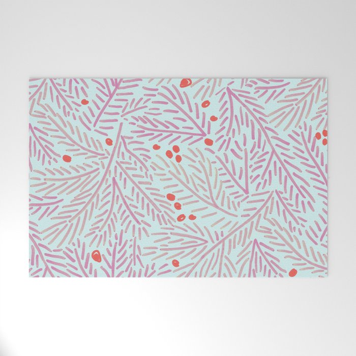 Winter Berries & Pine Branches in Teal & Pink Welcome Mat Gallery Image 1