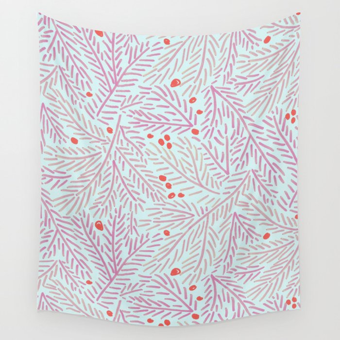 Winter Berries & Pine Branches in Teal & Pink Wall Tapestry Gallery Image 1