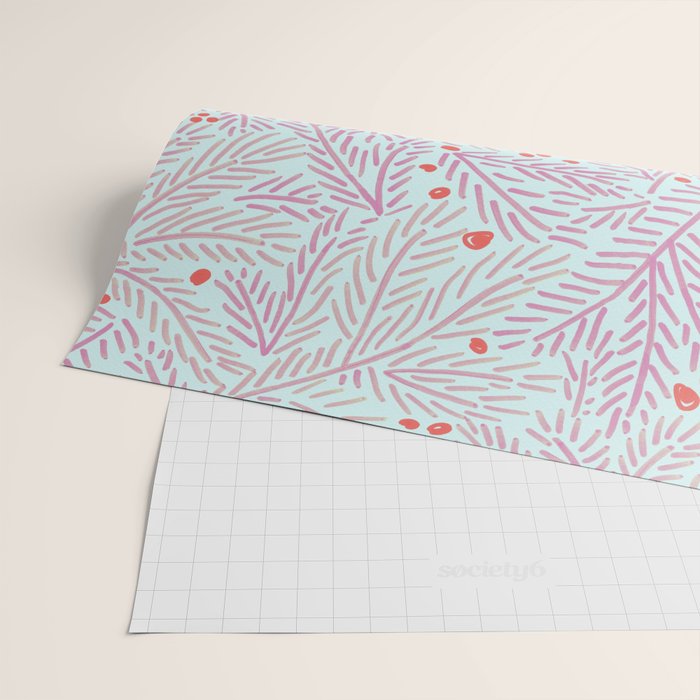 Winter Berries & Pine Branches in Teal & Pink Wrapping Paper Gallery Image 2