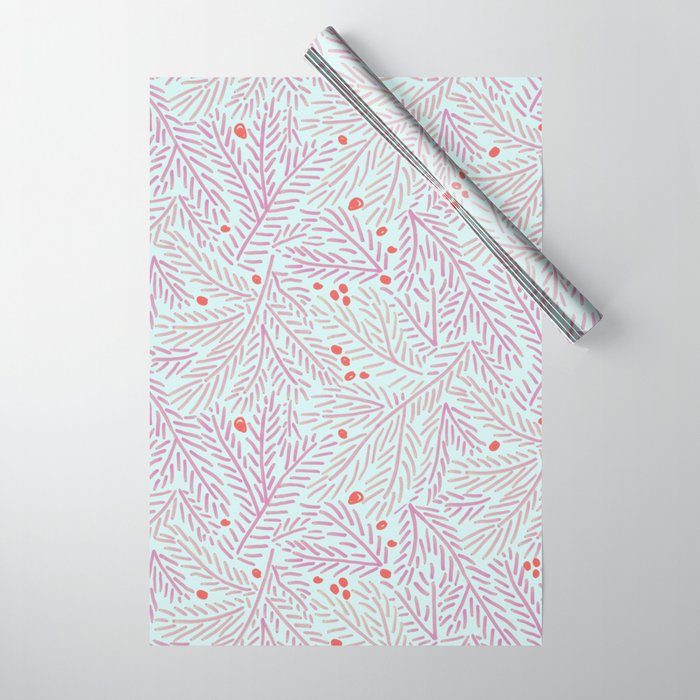 Winter Berries & Pine Branches in Teal & Pink Wrapping Paper Gallery Image 1