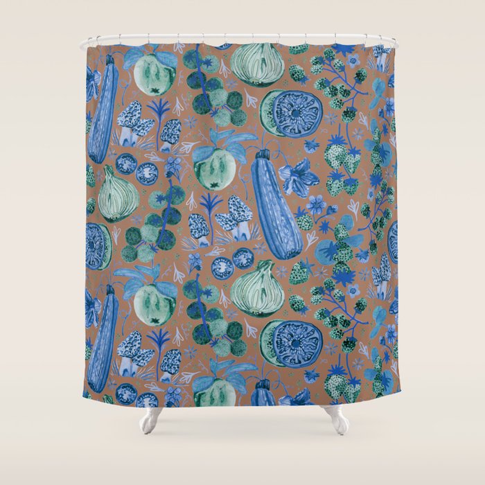 Garden Vegetables & Fresh Fruit in Blue Midnight Shower Curtain Gallery Image 1