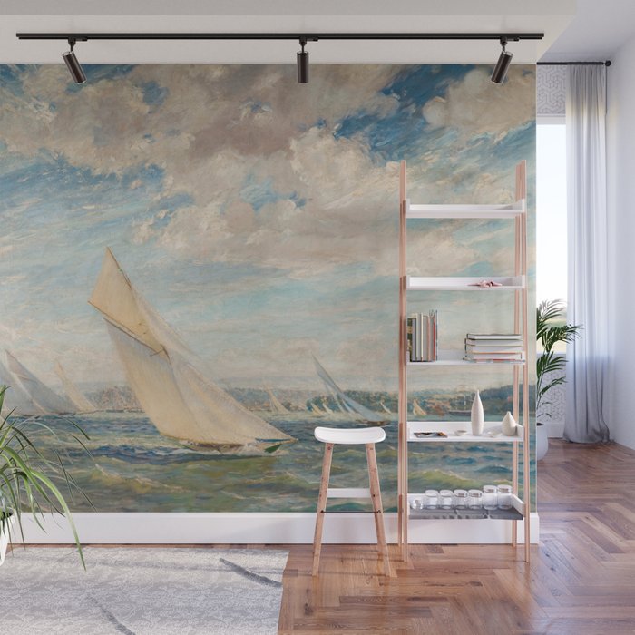 America's Cup Yacht Racing sailboats on Narragansett Bay, Newport, Rhode Island nautical maritime landscape painting by Alice Maude Taite Fanner Wall Mural Gallery Image 1
