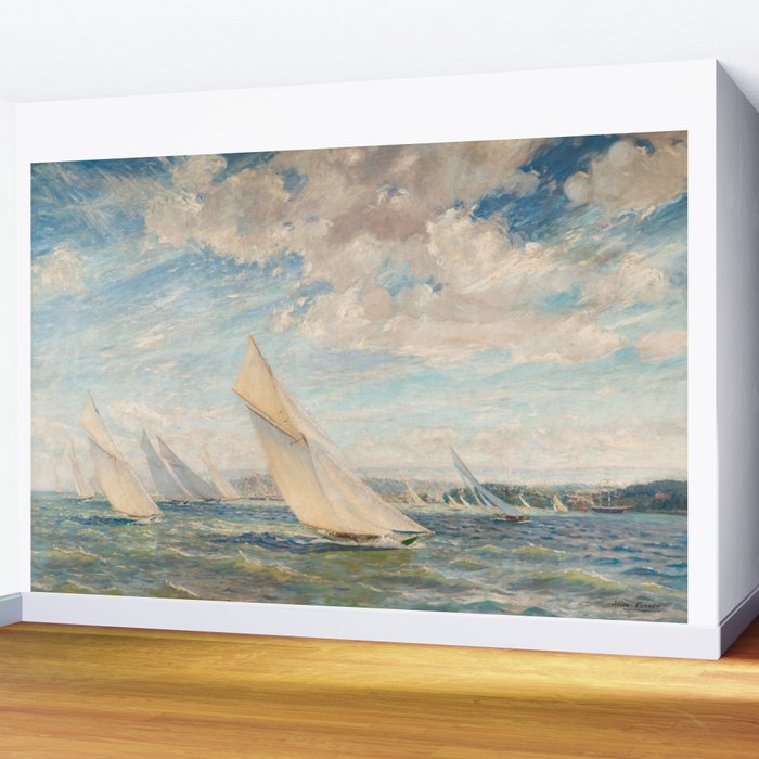America's Cup Yacht Racing sailboats on Narragansett Bay, Newport, Rhode Island nautical maritime landscape painting by Alice Maude Taite Fanner Wall Mural Gallery Image 2