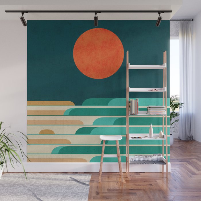 Chasing wave under the red moon Wall Mural Gallery Image 1