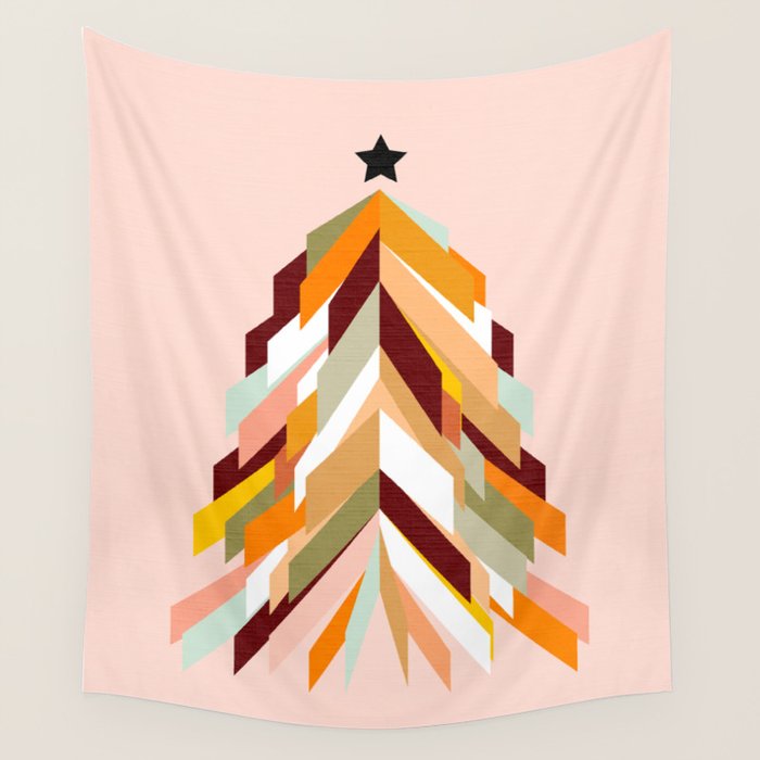Festive Retro Christmas Tree on Peach Fuzz Wall Tapestry Gallery Image 4