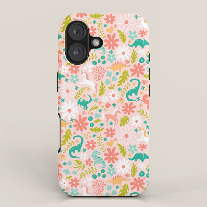 Dinosaurs + Unicorns in Pink + Teal iPhone Case Gallery Image 1