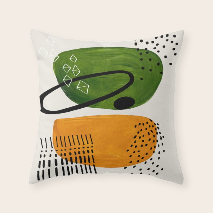 Mid Century Modern Abstract Colorful Art Patterns Olive Green Yellow Ochre Orbit Geometric Objects Throw Pillow Gallery Image 1