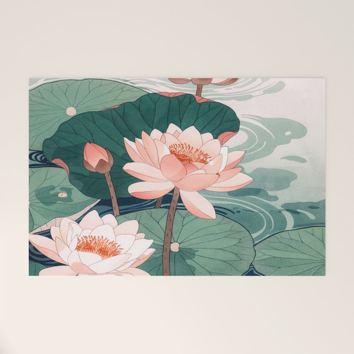 Japanese Wall Art Floral Lotus Painting Pink Pastel Green botanical Wabi Sabi Flower Poster  Welcome Mat Gallery Image 1