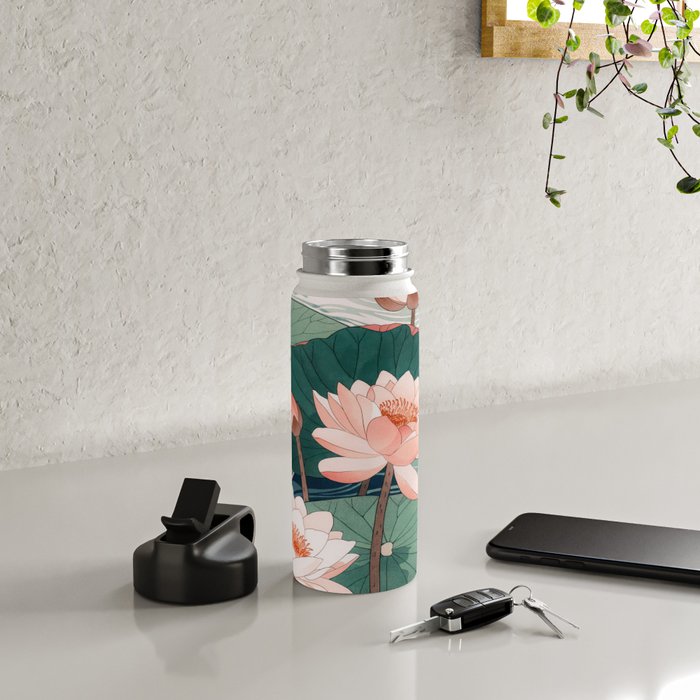 Japanese Wall Art Floral Lotus Painting Pink Pastel Green botanical Wabi Sabi Flower Poster  Water Bottle Gallery Image 4