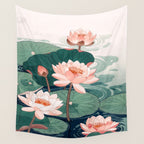 Japanese Wall Art Floral Lotus Painting Pink Pastel Green botanical Wabi Sabi Flower Poster  Wall Tapestry Gallery Image 4