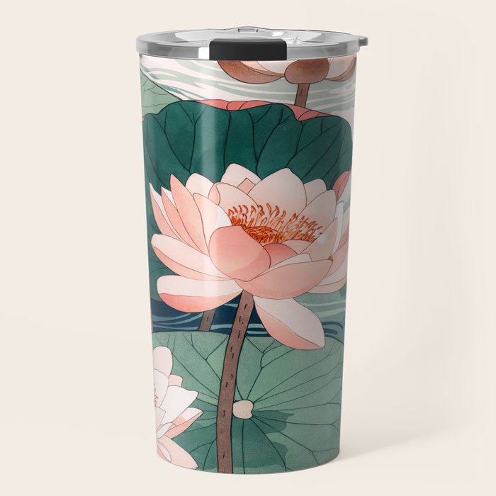 Japanese Wall Art Floral Lotus Painting Pink Pastel Green botanical Wabi Sabi Flower Poster  Travel Mug Gallery Image 1