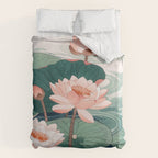 Japanese Wall Art Floral Lotus Painting Pink Pastel Green botanical Wabi Sabi Flower Poster  Duvet Cover Gallery Image 6