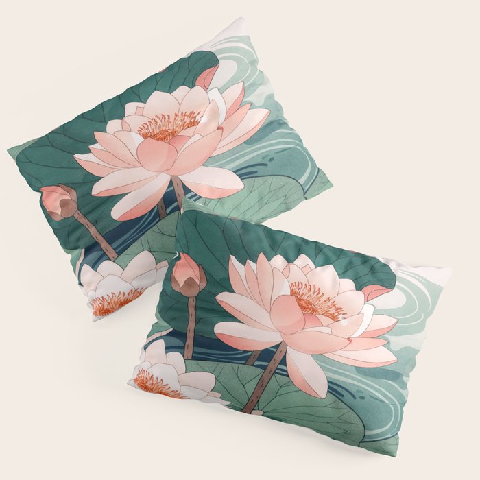 Japanese Wall Art Floral Lotus Painting Pink Pastel Green botanical Wabi Sabi Flower Poster  Pillow Sham Gallery Image 1