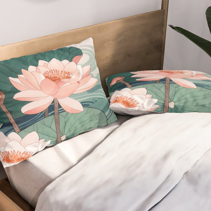Japanese Wall Art Floral Lotus Painting Pink Pastel Green botanical Wabi Sabi Flower Poster  Pillow Sham Gallery Image 2