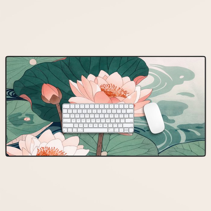 Japanese Wall Art Floral Lotus Painting Pink Pastel Green botanical Wabi Sabi Flower Poster  Desk Mat Gallery Image 1