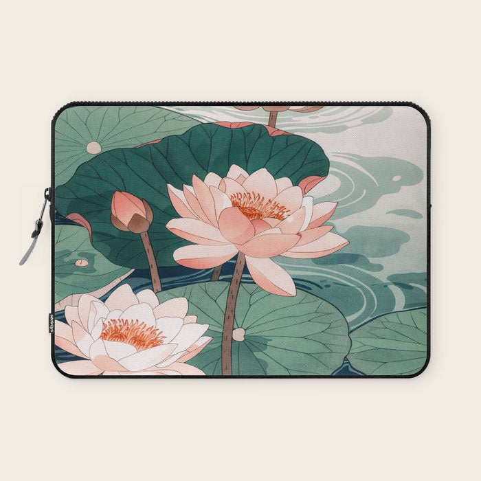 Japanese Wall Art Floral Lotus Painting Pink Pastel Green botanical Wabi Sabi Flower Poster  Laptop Sleeve Gallery Image 1
