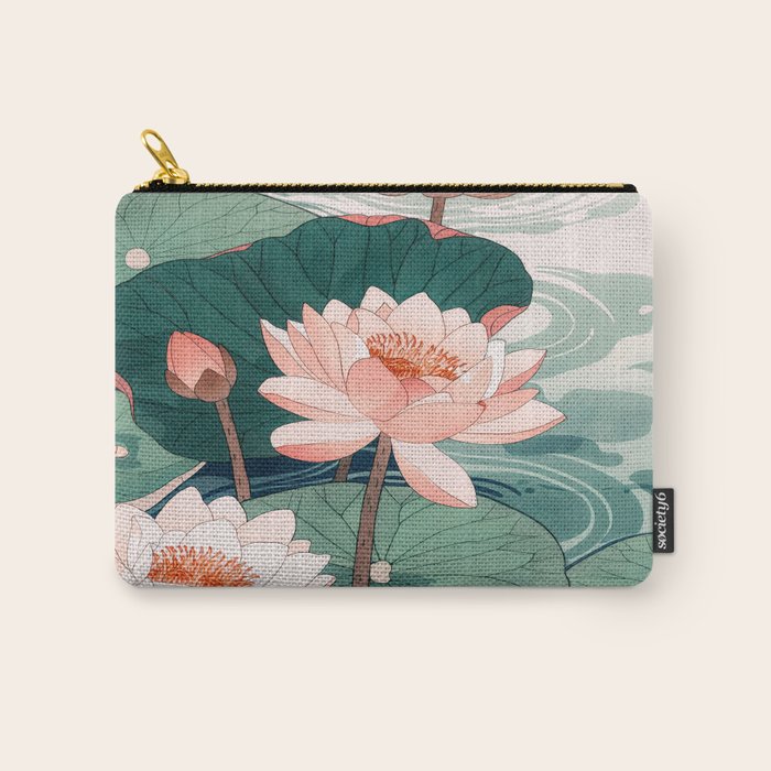 Japanese Wall Art Floral Lotus Painting Pink Pastel Green botanical Wabi Sabi Flower Poster  Carry All Pouch Gallery Image 1