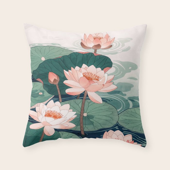 Japanese Wall Art Floral Lotus Painting Pink Pastel Green botanical Wabi Sabi Flower Poster  Throw Pillow Gallery Image 1