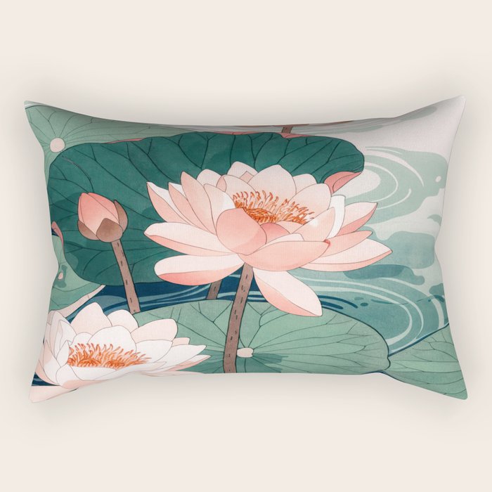 Japanese Wall Art Floral Lotus Painting Pink Pastel Green botanical Wabi Sabi Flower Poster  Rectangular Pillow Gallery Image 2