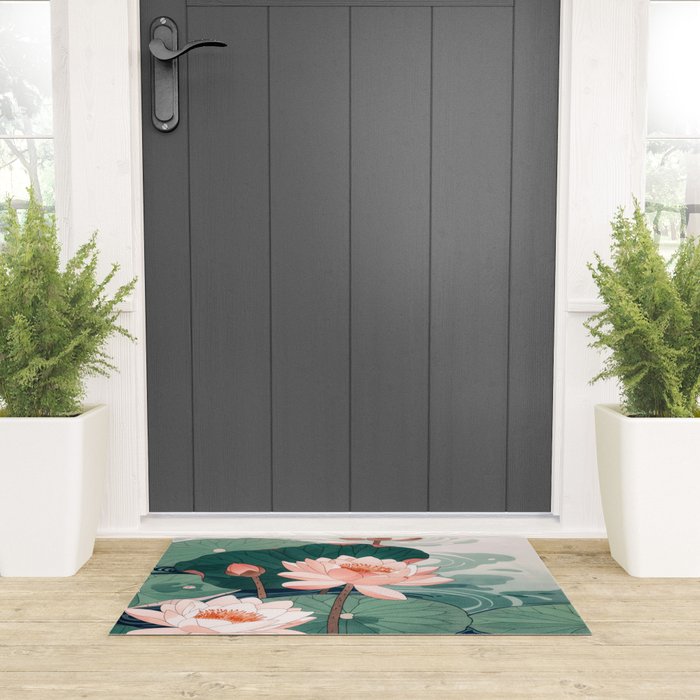 Japanese Wall Art Floral Lotus Painting Pink Pastel Green botanical Wabi Sabi Flower Poster  Welcome Mat Gallery Image 3