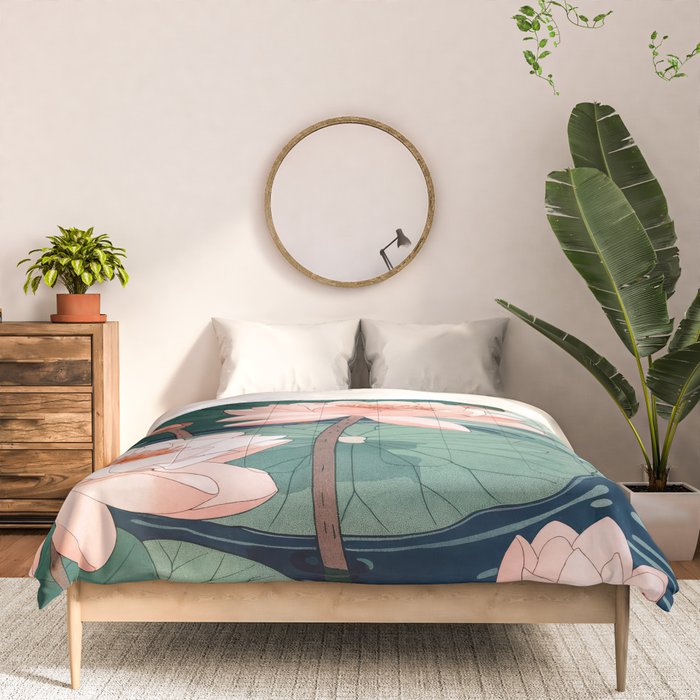 Japanese Wall Art Floral Lotus Painting Pink Pastel Green botanical Wabi Sabi Flower Poster  Comforter Gallery Image 3