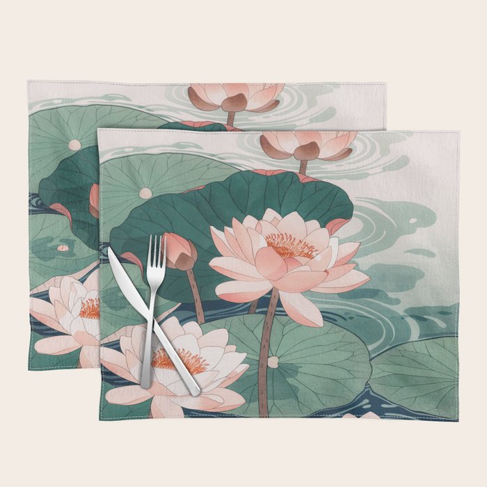 Japanese Wall Art Floral Lotus Painting Pink Pastel Green botanical Wabi Sabi Flower Poster  Placemat Gallery Image 1