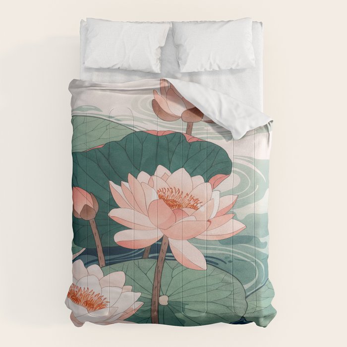 Japanese Wall Art Floral Lotus Painting Pink Pastel Green botanical Wabi Sabi Flower Poster  Comforter Gallery Image 1