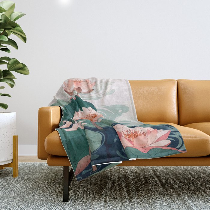Japanese Wall Art Floral Lotus Painting Pink Pastel Green botanical Wabi Sabi Flower Poster  Throw Blanket Gallery Image 1