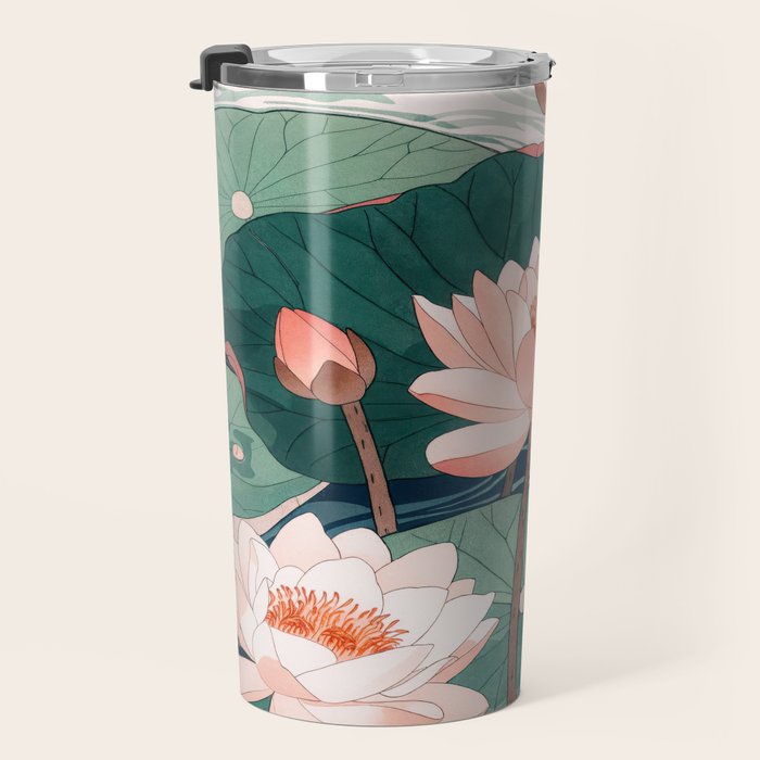 Japanese Wall Art Floral Lotus Painting Pink Pastel Green botanical Wabi Sabi Flower Poster  Travel Mug Gallery Image 3
