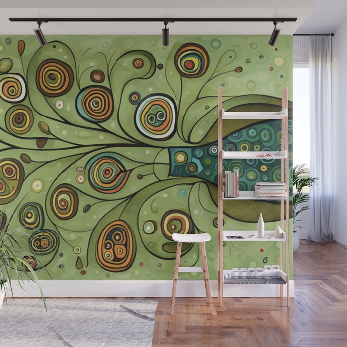 Cute Abstract Flowers in a Blue Green Vase Wall Mural Gallery Image 1