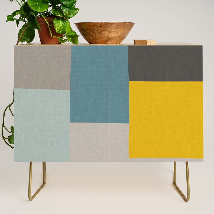 Teal Mustard Gray Modern Patchwork  Credenza Gallery Image 1