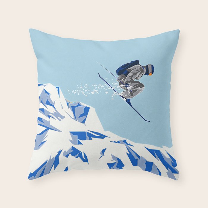 Airborn Skier Flying Down the Ski Slopes Throw Pillow Gallery Image 6