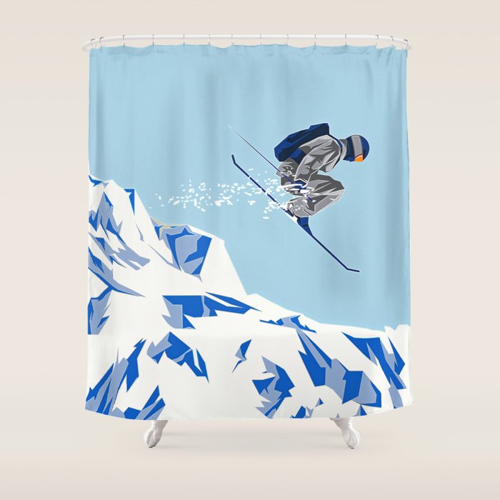 Airborn Skier Flying Down the Ski Slopes Shower Curtain Gallery Image 1