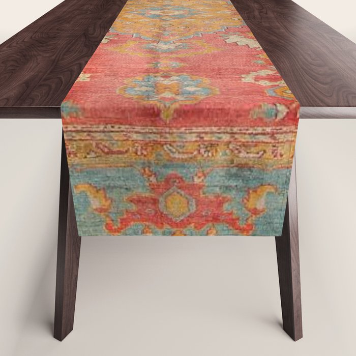 Antique Warm Coral Red & Burnt Orange Turkish Oushak Rug Print Table Runner Gallery Image 1