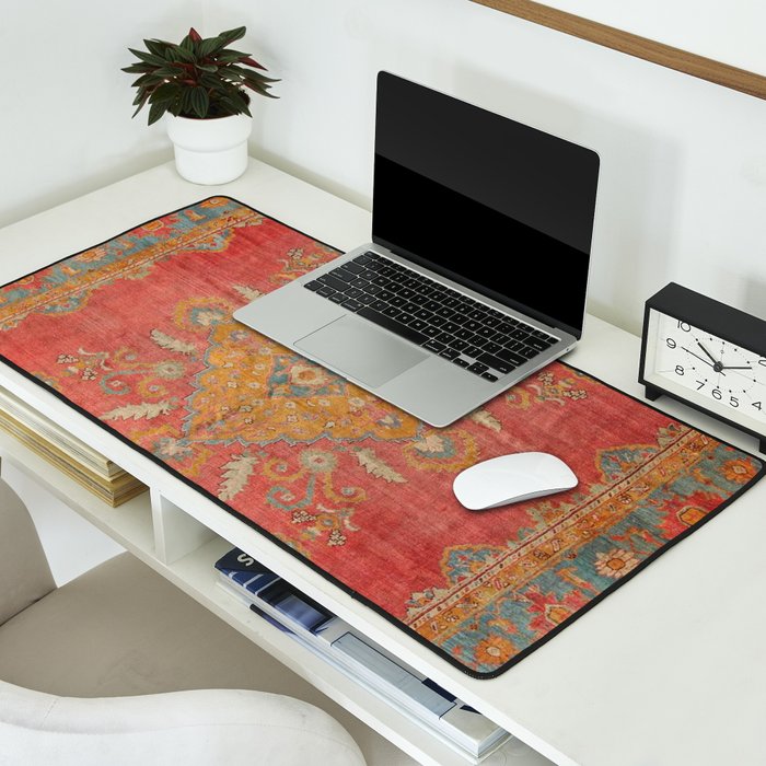 Antique Warm Coral Red & Burnt Orange Turkish Oushak Rug Print Desk Mat Gallery Image 2