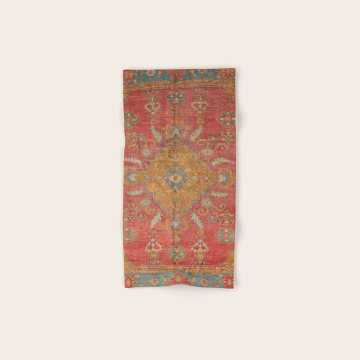 Antique Warm Coral Red & Burnt Orange Turkish Oushak Rug Print Bath Towel Gallery Image 1