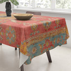 Antique Warm Coral Red & Burnt Orange Turkish Oushak Rug Print Tablecloth Gallery Image 3